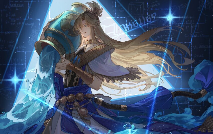 1boy abstract_background blonde_hair blue_background blue_eyes capelet cowboy_shot final_fantasy final_fantasy_xiv floating_hair fringe_trim from_side headpiece highres holding_jug jug_(bottle) kotatsu_kaya long_hair male_focus parted_bangs pouring robe solo sparkle thaliak updo vambraces water white_capelet white_robe