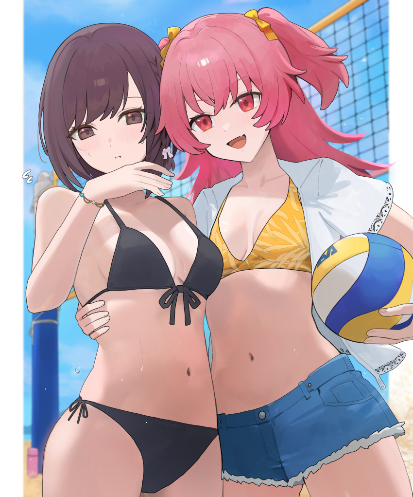 2girls :d ball bare_shoulders beach beach_volleyball bikini black_bikini blue_shorts blue_sky blurry blurry_background blush bob_cut bow bracelet braid breasts brown_eyes brown_hair cleavage collarbone commentary_request cowboy_shot crossed_bangs cutoffs day denim denim_shorts fan_request fang flying_sweatdrops front-tie_bikini_top front-tie_top hair_between_eyes hair_bow hand_on_another&#039;s_waist hand_up highres holding holding_ball jewelry leaf_print long_hair looking_at_viewer medium_breasts momoi_airi multiple_girls navel odaibako open_clothes open_mouth open_shirt outdoors pink_eyes pink_hair project_sekai sand screenshot_inset shinonome_ena shirt short_hair short_shorts shorts side-by-side side-tie_bikini_bottom side_braid sidelocks skin_fang sky small_breasts smile standing stomach string_bikini swept_bangs swimsuit textless_version two_side_up usagi_melon3 volleyball_(object) volleyball_net wet white_bow white_shirt yellow_bikini