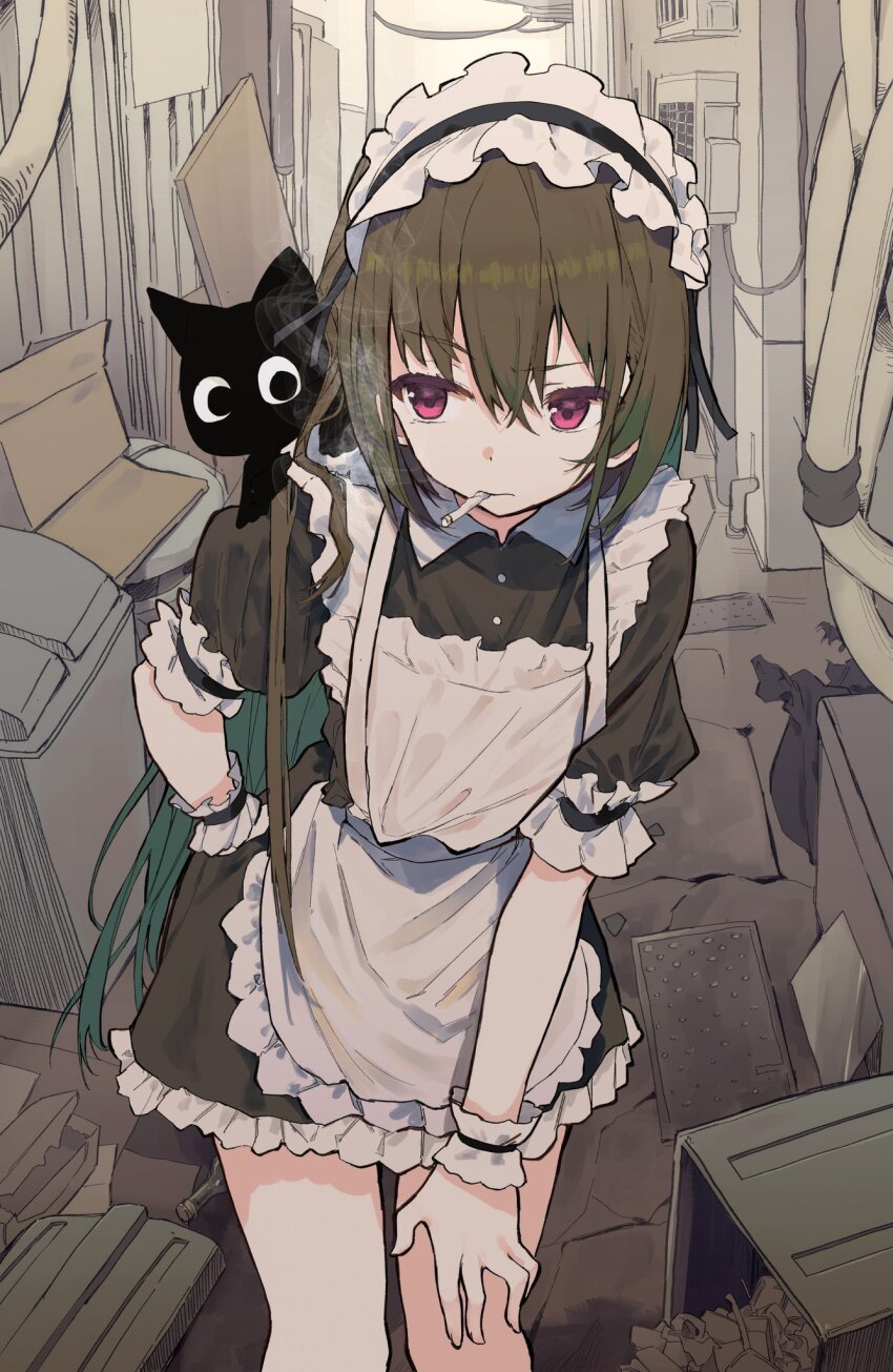 1girl ahoge apron black_dress brown_hair bucket dress frilled_apron frills gloves hair_between_eyes highres long_hair looking_at_viewer maid maid_apron maid_headdress mieharu mouth_hold original puffy_sleeves red_eyes short_sleeves solo white_apron wrist_cuffs