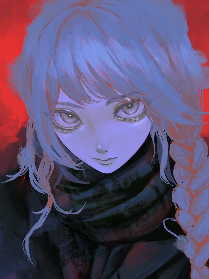 1girl absurdres black_jacket black_scarf braid checkered_clothes checkered_scarf closed_mouth eyelashes highres jacket lips long_hair looking_at_viewer lui_n24 original portrait purple_eyes purple_hair red_background scarf simple_background single_braid smile solo