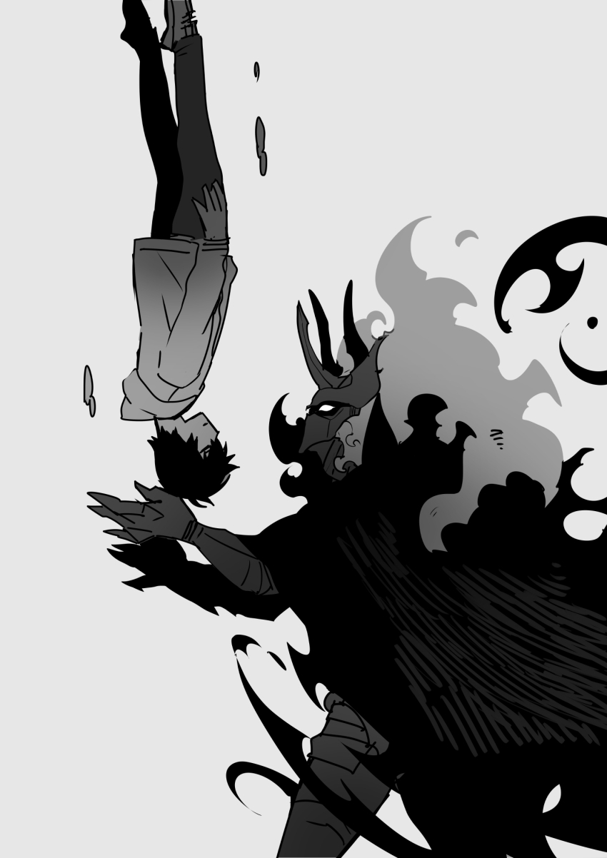 1boy 1other armor arms_up ashborn_(solo_leveling) black_fire black_hair catching closed_mouth falling fire full_armor grey_shoes greyscale hair_between_eyes highres hiyomon hood jacket knight male_focus monochrome pants shirt shoes short_hair solo_leveling sung_jin-woo