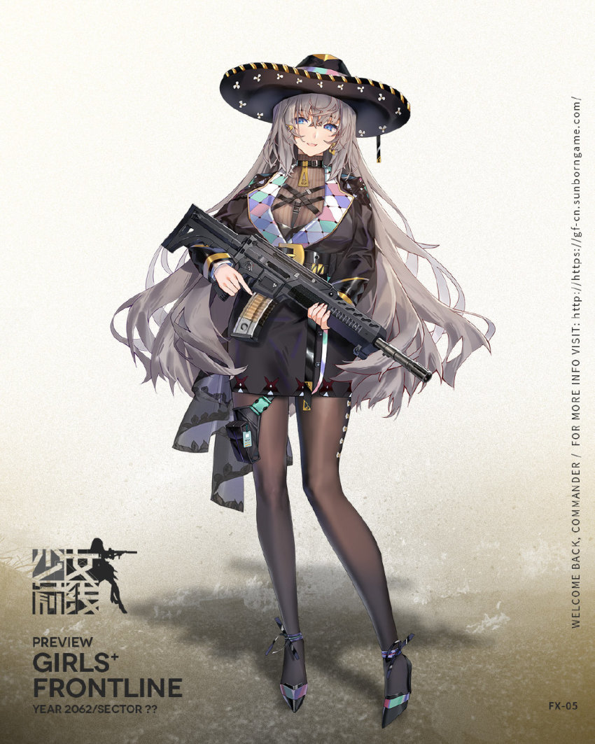 1girl assault_rifle blue_eyes breasts character_name choker commentary_request fx-05_(girls&#039;_frontline) fx-05_xiuhcoatl girls&#039;_frontline grey_hair gun hat high_heels highres jacket large_breasts long_hair mexican_dress mexico miyazakisoul official_art rifle solo sombrero sweater thighhighs trigger_discipline weapon