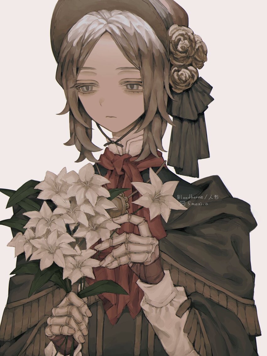 1girl 5masi_o absurdres ascot bloodborne bonnet cloak doll_joints dress fingerless_gloves flower gloves grey_eyes grey_hair highres holding holding_flower joints lily_(flower) long_sleeves looking_to_the_side medium_hair parted_bangs plain_doll rose shawl simple_background solo upper_body white_background white_flower white_rose