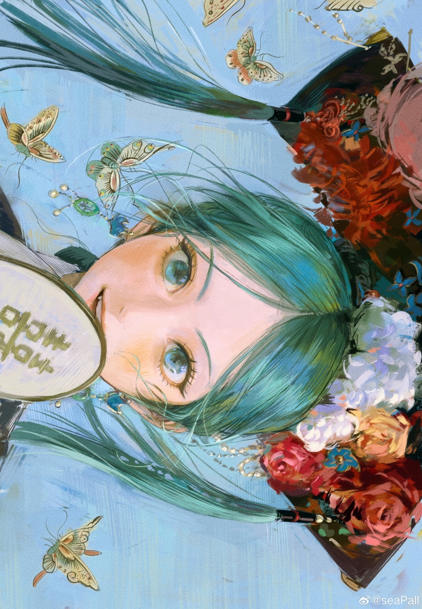 1girl absurdres aqua_eyes aqua_hair blue_background bug butterfly china chinese_clothes double_happiness earrings flower hair_flower hair_ornament hat hat_flower hatsune_miku highres insect jewelry liangbatou long_hair manchu_clothes parted_lips portrait red_flower seapall sideways smile solo vocaloid white_flower yellow_flower