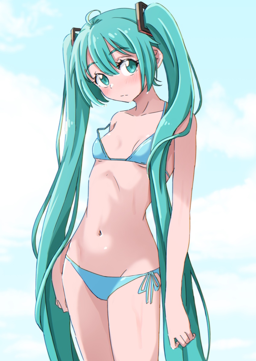 1girl ahoge aqua_eyes aqua_hair bikini blue_bikini breasts cloud cloudy_sky collarbone commentary hakuino_hakase hatsune_miku highres long_hair looking_at_viewer side-tie_bikini_bottom sky small_breasts solo standing swimsuit twintails very_long_hair vocaloid