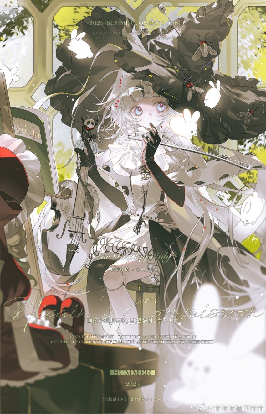 1girl black_gloves blue_eyes bow bug butterfly caicaicaicai_ni_caicai doll_joints dress elbow_gloves english_text frills gloves highres holding holding_instrument insect instrument joints long_hair looking_at_viewer music original playing_instrument sitting solo very_long_hair white_butterfly white_dress white_hair