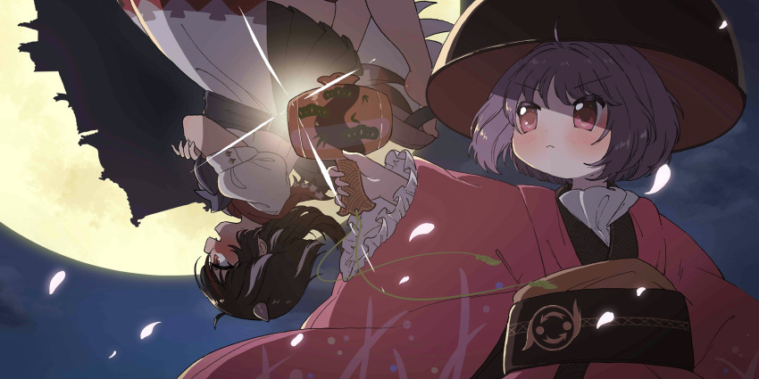 2girls ahoge black_hair blush bowl bowl_hat closed_mouth commentary cone_horns crossed_arms dress english_commentary falling_petals full_moon game_cg grey_horns hat highres holding holding_mallet horns japanese_clothes kijin_seija kimono long_sleeves mallet miracle_mallet moon multicolored_hair multiple_girls obi official_art open_mouth petals puffy_short_sleeves puffy_sleeves purple_hair red_eyes red_kimono sakurasaka sandals sash short_hair short_sleeves small_horns smile streaked_hair sukuna_shinmyoumaru third-party_source touhou touhou_lostword upside-down white_dress white_hair wide_sleeves