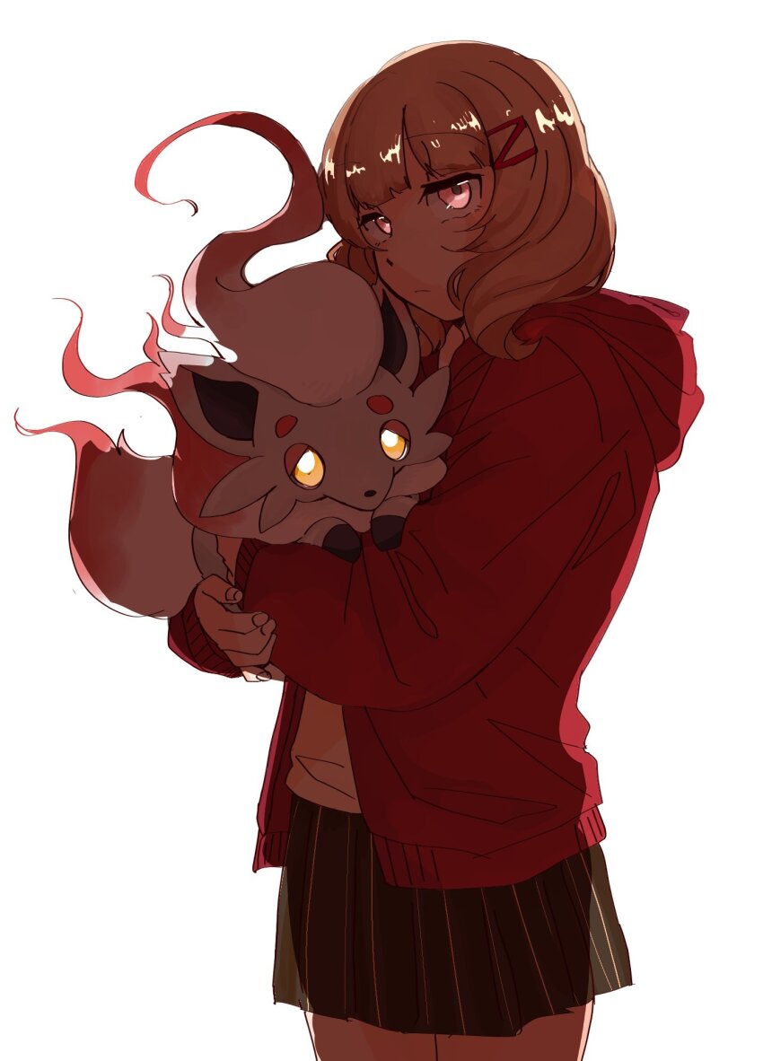 1girl :/ arms_across_body black_skirt blunt_bangs bright_pupils closed_mouth commentary_request cowboy_shot daramass1200 dark fingernails from_side game_freak glowing glowing_eyes hair_ornament hairclip half-closed_eyes head_tilt highres hisuian_zorua holding holding_pokemon hood hood_down hooded_jacket hug jacket long_sleeves looking_at_viewer looking_to_the_side medium_hair nintendo open_clothes open_jacket pink_eyes pleated_skirt pokemon pokemon_(creature) red_fur red_jacket shirt shoujo_kageki_revue_starlight shoujo_kageki_revue_starlight_-re_live- sideways_glance simple_background skirt standing tanaka_yuyuko two-tone_fur white_background white_fur white_shirt wolf_cut yellow_eyes