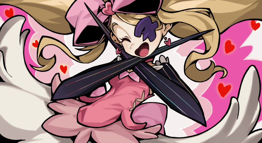 1girl blade_arm blonde_hair bow breasts cleavage closed_eyes collar colored_eyepatch detached_collar dress earrings eyepatch harime_nui heart heart_earrings highres imminent_suicide jewelry kill_la_kill lolita_fashion long_hair open_mouth pink_background pink_bow pink_collar pink_dress sidelocks waa153
