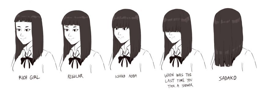 1girl blunt_bangs bow bowtie collared_shirt english_text forehead francisco_mon hair_over_eyes hair_over_face highres long_hair monochrome original real_life shirt smile
