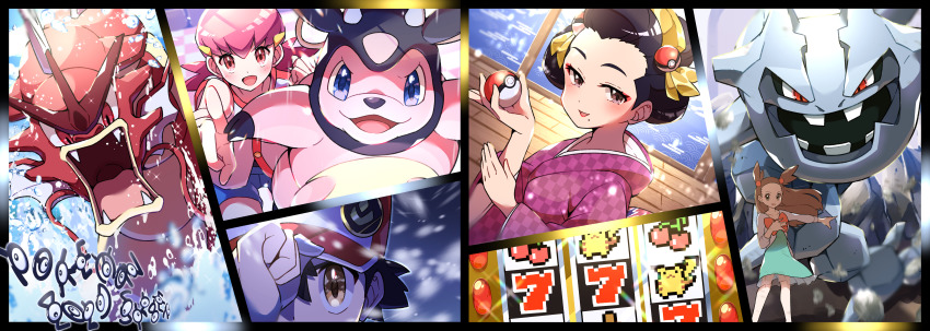 1boy 3girls absurdres alternate_color badge baseball_cap black_hair blue_shorts blush brown_hair buttons checkered_floor collarbone commentary_request creatures_(company) dress eyelashes eyeshadow floating_hair frills game_freak gen_1_pokemon gen_2_pokemon green_dress grey_eyes gyarados hair_bobbles hair_ornament hairclip hand_up hat highres holding holding_poke_ball indoors japanese_clothes jasmine_(pokemon) kimono_girl_(pokemon) long_hair looking_at_viewer makeup miltank mole mole_under_mouth multiple_girls nintendo open_mouth outstretched_arm pikachu pink_hair pointing poke_ball poke_ball_(basic) pokemon pokemon_(creature) pokemon_hgss pon_yui red_(pokemon) red_eyes red_eyeshadow rock shiny_pokemon shorts smile snowing sparkle steelix tongue unown unown_d unown_e unown_g unown_i unown_k unown_l unown_m unown_n unown_o unown_p unown_r unown_s unown_v water water_drop whitney_(pokemon) wide_sleeves yellow_eyes