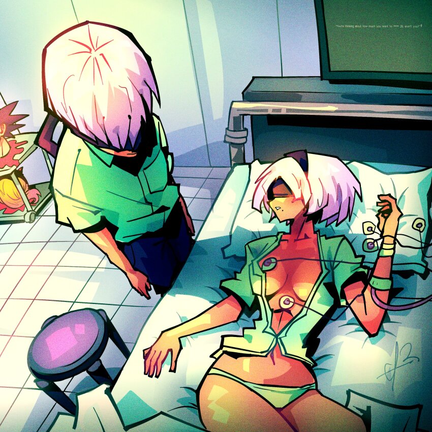 1boy 1girl 2b_(nier:automata) 9s_(nier:automata) absurdres alpharecdyt bed black_blindfold black_hairband blindfold blood breasts chainsaw_man commentary cosplay dragon_ball dragonball_z english_commentary english_text hairband highres hospital_bed ikari_shinji ikari_shinji_(cosplay) medium_breasts meme mole mole_under_mouth navel neon_genesis_evangelion nier:automata nier_(series) panties power_(chainsaw_man) severed_head shinji&#039;s_fapping_hand_(meme) signature sleeping son_goku stool the_end_of_evangelion underwear white_hair white_panties