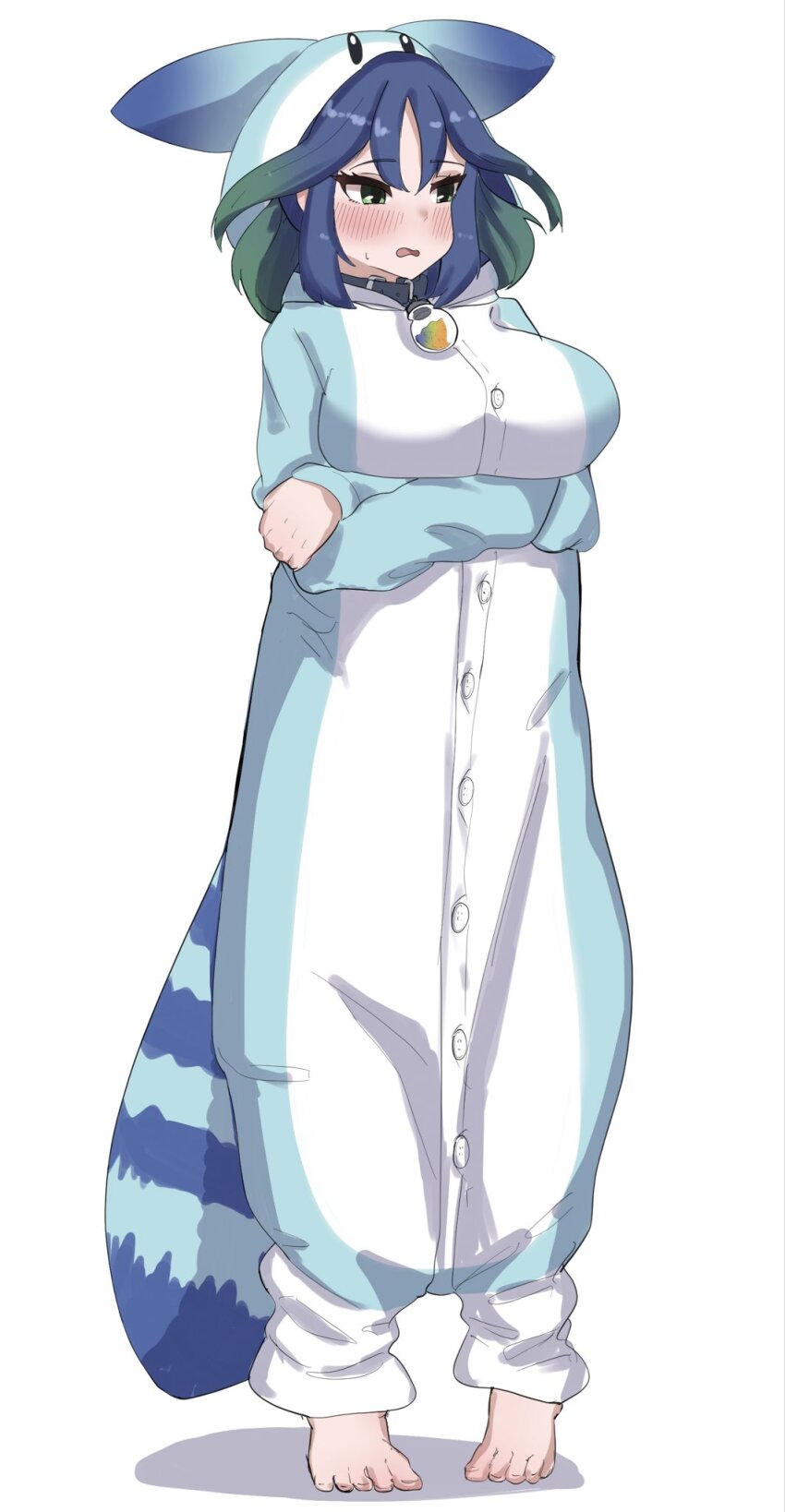 1girl animal_costume animal_hood barefoot black_hair blush breasts crossed_arms egusuke green_eyes green_hair hair_through_hood highres hood hood_up hooded_pajamas kako_(kemono_friends) kemono_friends large_breasts long_hair lucky_beast_(kemono_friends) onesie open_mouth pajamas simple_background tail white_background