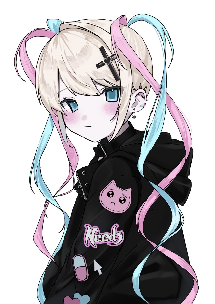 1girl absurdres alternate_costume black_hoodie blonde_hair blue_eyes blue_hair blush chouzetsusaikawa_tenshi-chan closed_mouth commentary cross_hair_ornament cursor ear_piercing earrings hair_ornament hashtag-only_commentary highres hood hood_down hoodie jewelry long_hair long_sleeves looking_at_viewer multicolored_hair needy_girl_overdose pien_cat_(needy_girl_overdose) piercing pink_hair print_hoodie quad_tails simple_background solo upper_body ushioreo white_background