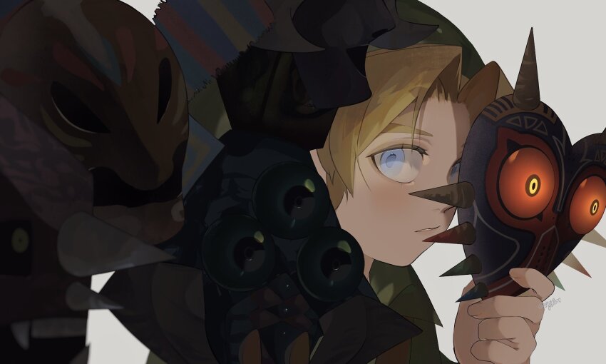 1boy blonde_hair blue_eyes blush collared_shirt glowing glowing_eyes goht grey_background gura_(guragrass) gyorg hat highres holding holding_mask link looking_to_the_side mask nintendo odolwa parted_lips shirt solo the_legend_of_zelda the_legend_of_zelda:_majora&#039;s_mask tunic twinmold upper_body