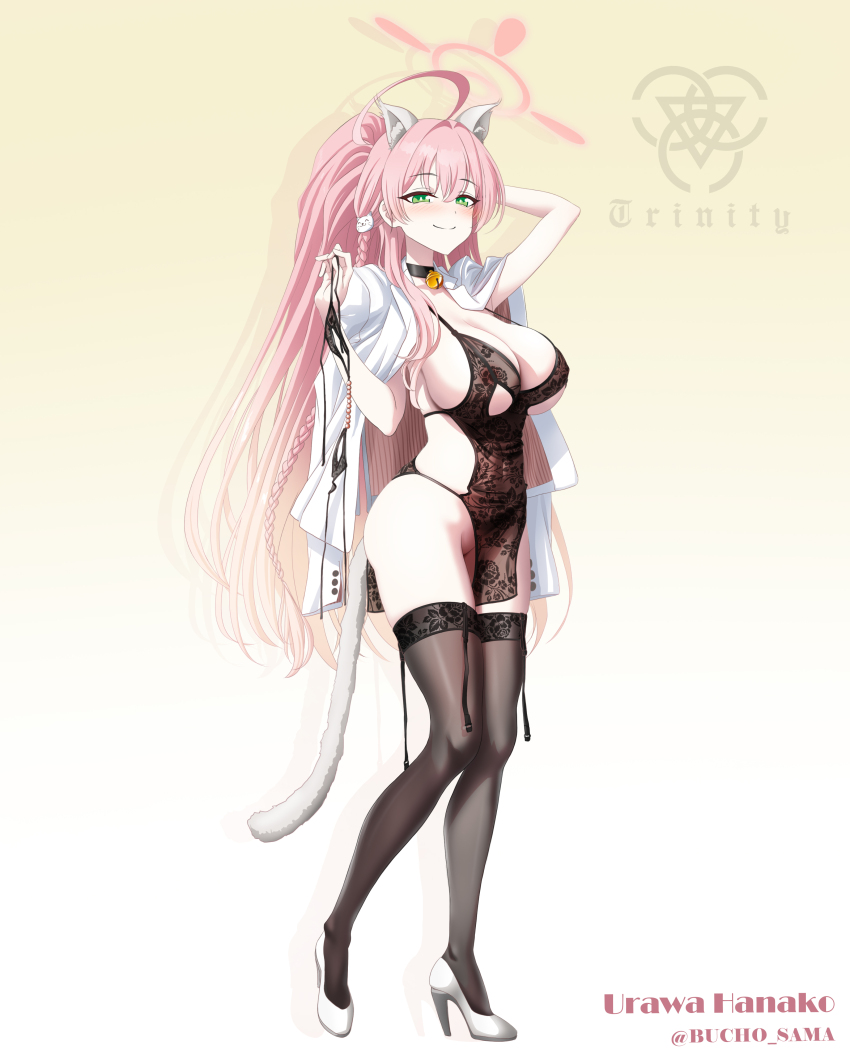 1girl absurdres animal_ears areola_slip arm_behind_head ass bell black_panties black_thighhighs blue_archive blush breasts bucho_sama cat_ears cat_tail character_name choker cleavage clothes_on_shoulders commentary english_commentary english_text full_body gradient_background green_eyes hair_ornament halo hanako_(blue_archive) high_heels highres holding holding_unworn_clothes holding_panties holding_underwear holding_unworn_clothes large_breasts long_hair looking_at_viewer mixed-language_commentary neck_bell no_panties panties pink_hair ponytail smile solo tail thighhighs twitter_username underwear unworn_panties variant_set white_footwear