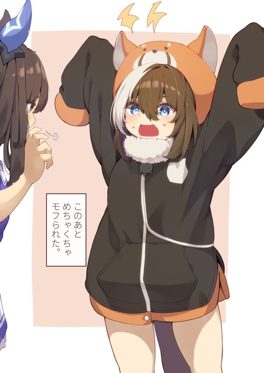 2girls absurdres admire_vega_(umamusume) animal_ears animal_hood arms_up blue_eyes bright_pupils brown_hair cheval_grand_(umamusume) commentary_request cowboy_shot ear_covers ear_ornament hair_between_eyes hibiki_(zerocodo) highres hood hoodie long_sleeves meme multiple_girls narration open_mouth outside_border pink_background purple_eyes reaching reaching_towards_another red_panda red_panda_costume single_ear_cover sleeves_past_fingers sleeves_past_wrists sweatdrop they_had_lots_of_sex_afterwards_(meme) translated umamusume visible_air white_hair