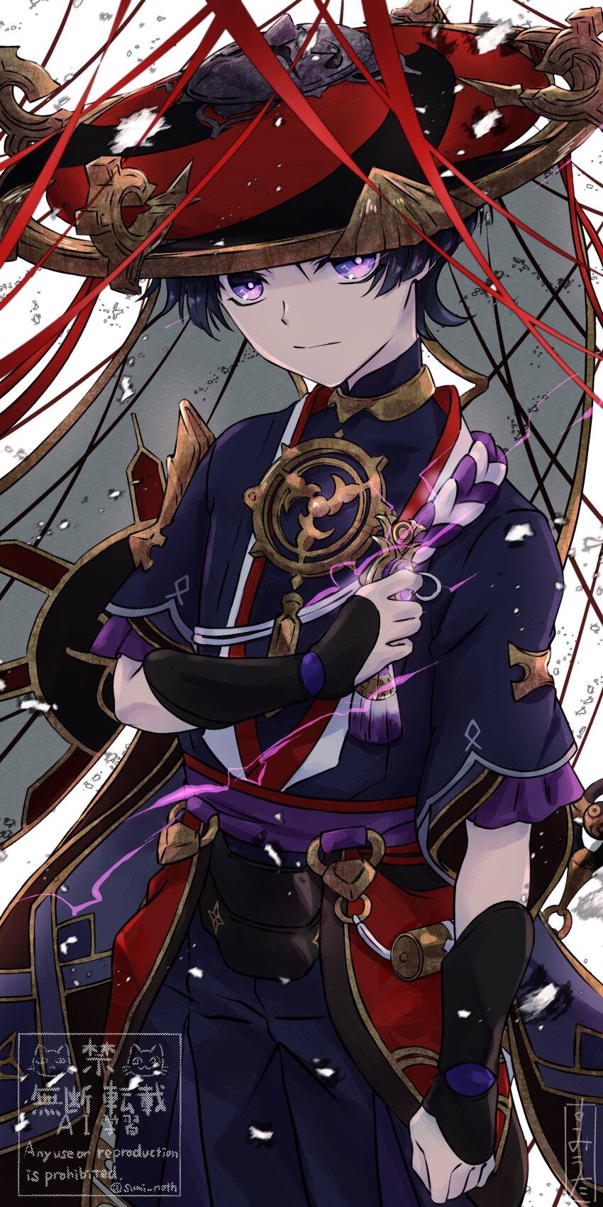 1boy absurdres arm_at_side armor black_hair black_hat black_kimono black_mask black_shorts black_sleeves blunt_ends clenched_hands closed_mouth frilled_sleeves frills furisode genshin_impact gnosis_(genshin_impact) gold gold_trim grey_veil han&#039;eri hand_on_own_chest hat highres holding japanese_armor japanese_clothes jewelry jingasa kimono kote kurokote layered_kimono layered_sleeves looking_at_viewer male_focus mandarin_collar mask_on_hat mitsudomoe_(shape) neck_ring o-ring open_clothes open_kimono purple_electricity purple_eyes purple_pupils purple_rope purple_sash purple_sleeves red_hat red_kimono red_sash rope sash scaramouche_(genshin_impact) shimenawa short_sleeves shorts solo sumi_noth tassel tomoe_(symbol) two-tone_hat upper_body veil watermark white_background white_kimono white_rope