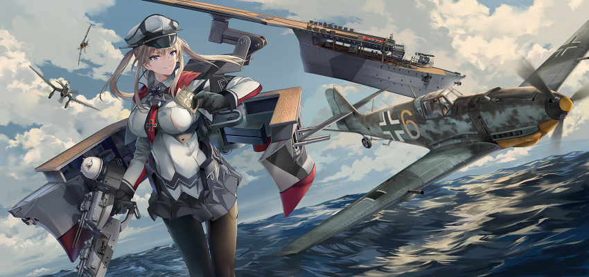1girl aircraft airplane balkenkreuz black_pantyhose blonde_hair bomber breasts capelet card cloud commentary_request cross dive_bomber flight_deck gloves graf_zeppelin_(kancolle) grey_eyes hair_between_eyes hat headgear highres holding holding_card kantai_collection large_breasts long_hair long_sleeves machinery military_vehicle neko_(yanshoujie) ocean outdoors pantyhose peaked_cap pleated_skirt propeller_fighter rigging ship_turret sidelocks skirt sky smile twintails vehicle_focus