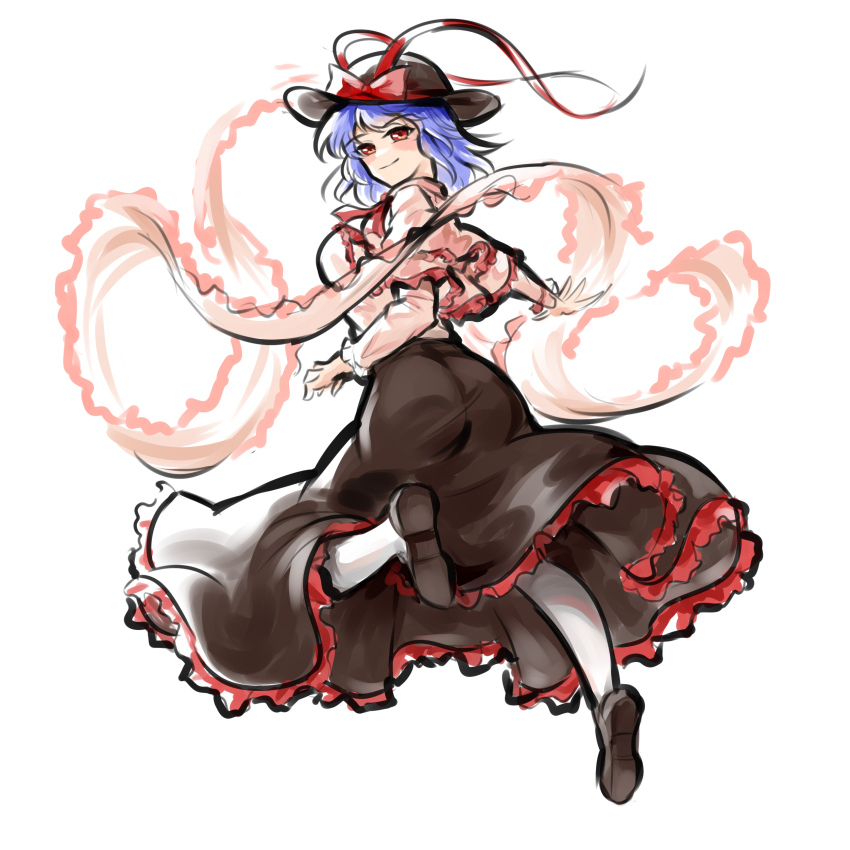 1girl absurdres ass black_hat black_skirt blue_hair blush closed_mouth edz_drawz from_behind full_body hat highres long_skirt looking_at_viewer looking_back medium_hair nagae_iku pink_ribbon pink_shirt red_eyes ribbon shirt simple_background skirt smile solo touhou white_background