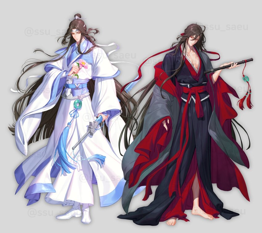 2boys ahoge barefoot bishounen black_hair black_hanfu black_robe blue_trim boots brown_hair chest_tattoo chinese_clothes closed_mouth coat collarbone dizi flower flute full_body grey_background grey_coat hair_between_eyes hair_down hair_ribbon half_updo hanfu headband highres holding holding_flower holding_flute holding_instrument holding_sword holding_weapon instrument jian_(weapon) korean_commentary lan_wangji long_hair long_sleeves looking_at_viewer male_focus modao_zushi multiple_boys official_alternate_costume official_alternate_hairstyle parted_bangs pectoral_cleavage pectorals pink_flower red_eyes red_ribbon red_sash red_trim ribbon robe sash sidelocks simple_background smile ssu_saeu standing sword tassel tattoo topknot transverse_flute twitter_username very_long_hair watermark weapon wei_wuxian wei_wuxian_(yiling_laozu) white_boots white_hanfu white_headband white_robe wide_sleeves xiao_guan_(headdress) yaopei yellow_eyes