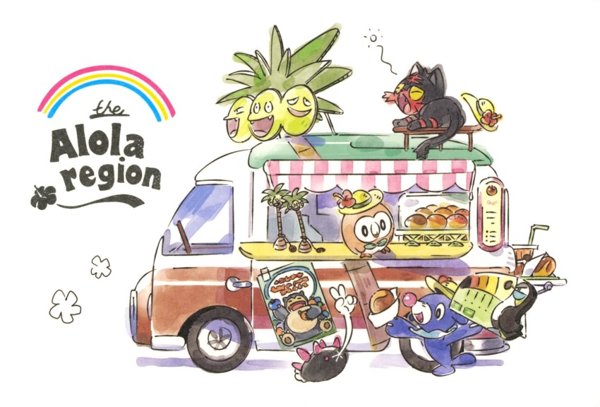 alolan_exeggutor alolan_form animal_focus cat closed_eyes closed_mouth clothed_pokemon english_text fangs flower food food_truck gen_1_pokemon gen_7_pokemon hat hat_flower highres holding holding_food litten malasada mizutani_megumi nintendo no_humans official_art open_mouth pink_eyes pokemon pokemon_(creature) pokemon_focus pokemon_sm popplio poster_(object) pyukumuku rainbow rowlet simple_background snorlax starter_pokemon_trio straw_hat third-party_source toucannon v white_background yawning