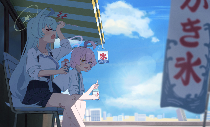 &gt;_&lt; 2girls absurdres ahoge bandaid bandaid_on_knee bandaid_on_leg black_skirt blue_archive blue_eyes blue_necktie blue_sky blurry blush brain_freeze breasts collared_shirt commentary_request day depth_of_field doumu_(31678316) feet_out_of_frame food from_side frown green_hair hair_between_eyes halo hand_on_own_head heterochromia highres holding holding_food hoshino_(blue_archive) hoshino_(first_year)_(blue_archive) huge_ahoge large_breasts leaning_forward long_hair long_sleeves looking_at_another miniskirt multiple_girls necktie open_mouth outdoors pink_hair pink_halo plaid_clothes plaid_skirt profile school_uniform shaved_ice shirt short_hair sitting skirt sky sleeves_rolled_up summer sweatdrop tears very_long_hair white_shirt yellow_eyes yellow_halo yume_(blue_archive)