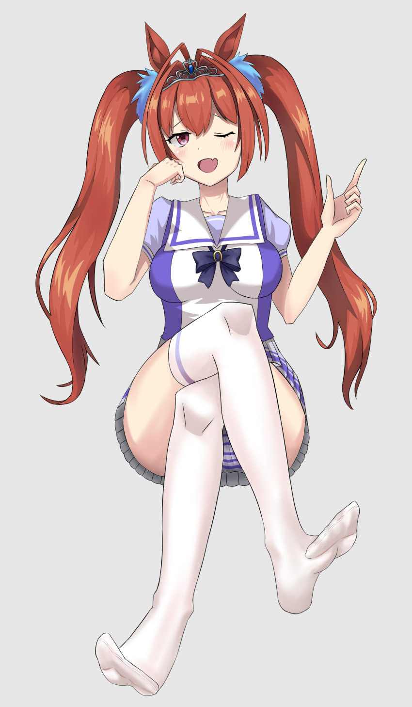 1girl absurdres animal_ears brown_hair collarbone daiwa_scarlet_(umamusume) full_body grey_background highres horse_ears horse_girl ladsdjadds long_hair one_eye_closed open_mouth panties puffy_short_sleeves puffy_sleeves sailor_collar school_uniform short_sleeves solo striped_clothes striped_panties thighhighs tiara tracen_school_uniform twintails umamusume underwear white_thighhighs