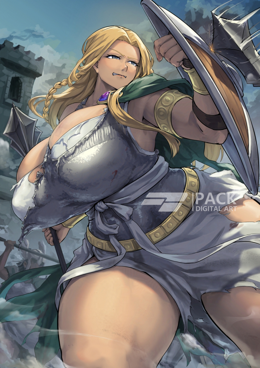 1girl armband battle blocking blonde_hair braid breasts clenched_teeth commission cowboy_shot highres holding holding_mace holding_shield holding_weapon huge_breasts long_hair mace original packge shield teeth torn_clothes weapon