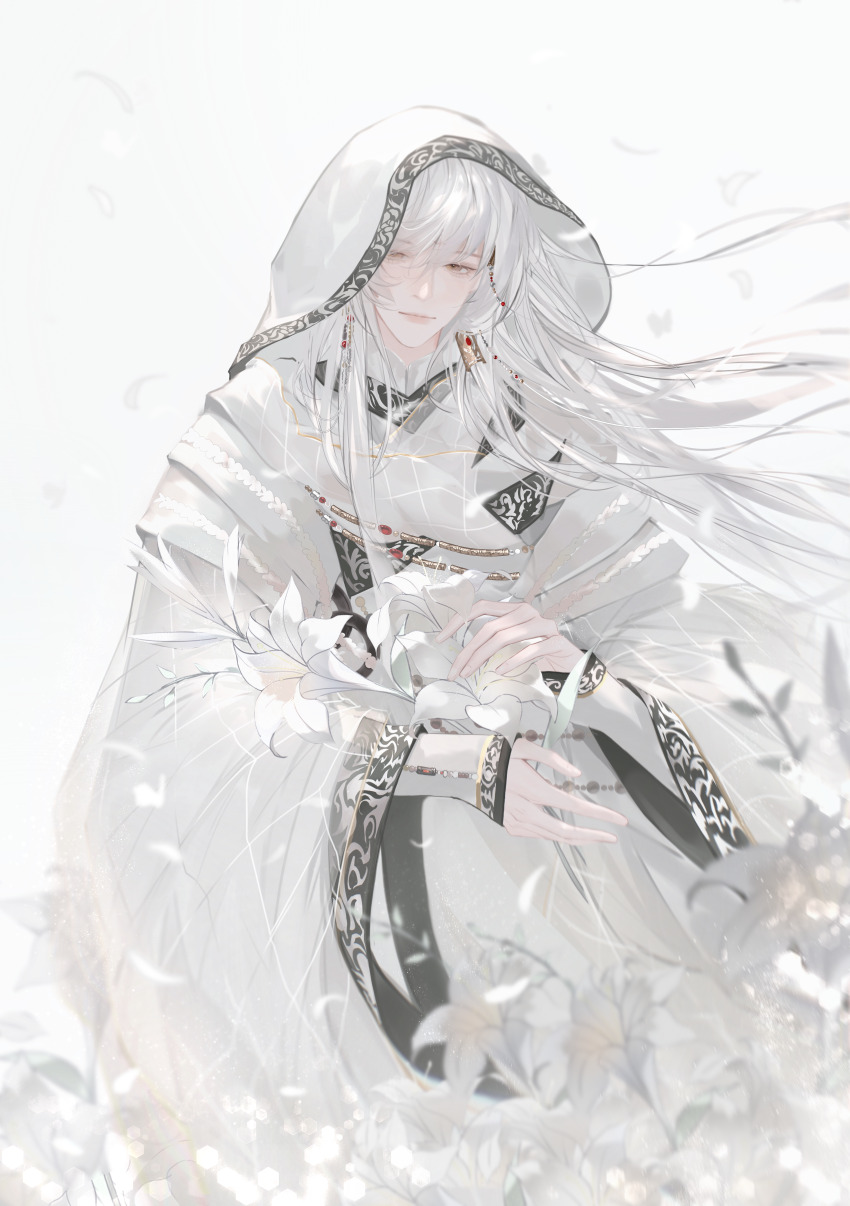 1boy absurdres beads blurry blurry_foreground chinese_clothes closed_mouth cowboy_shot falling_petals floating_hair flower hair_between_eyes hair_ornament hanfu highres jewelry jinguang_budaixi layered_sleeves light_particles long_hair long_sidelocks long_sleeves male_focus petals qiao_rulai sidelocks sideways_glance sleeves_past_wrists solo straight-on swept_bangs turkey223333 white_background white_flower white_hair white_hanfu white_hood white_petals white_sleeves wide_sleeves yellow_eyes