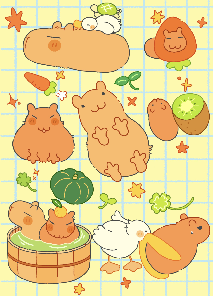 absurdres animal animal_focus bath bird blush_stickers capybara carrot chibi clover commentary duck food four-leaf_clover fruit gorugon01 gourd highres kiwi_(fruit) leaf no_humans original pelican shared_bathing smile strawberry turtle yuzu_(fruit)