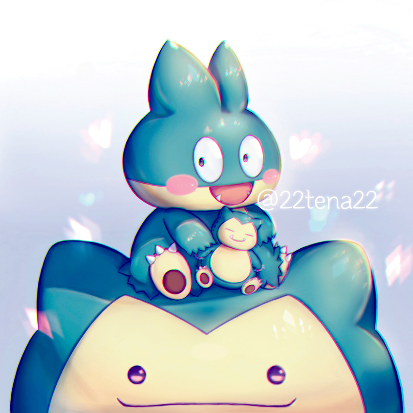 black_eyes blush blush_stickers claws closed_mouth ditto evolutionary_line fang gen_1_pokemon gen_4_pokemon heart highres munchlax nintendo open_mouth pokemon pokemon_(creature) sitting smile snorlax stuffed_toy