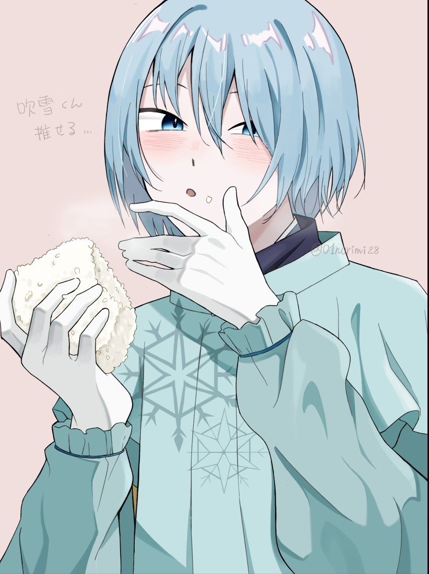 1boy absurdres aqua_shirt blue_eyes blue_hair eating food food_on_face fubuki_(nige_jouzu_no_wakagimi) gloves highres holding holding_food long_sleeves looking_at_viewer male_focus nige_jouzu_no_wakagimi norimi_(01norimi28) onigiri shirt short_hair snowflake_print solo upper_body white_gloves