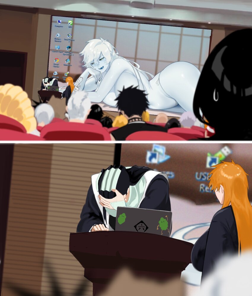 accident black_hair bleach blonde_hair breasts character_request computer facepalm from_behind genderswap genderswap_(mtf) highres hisagi_shuuhei huge_breasts indoors komamura_sajin kotetsu_isane kuchiki_byakuya kuchiki_rukia kurosaki_ichigo kurotsuchi_mayuri laptop long_hair madarame_ikkaku meme muguruma_kensei open_mouth orange_hair presentation_gone_wrong_(meme) short_hair very_long_hair white_hair zaraki_kenpachi ze_(k4onozeda04)