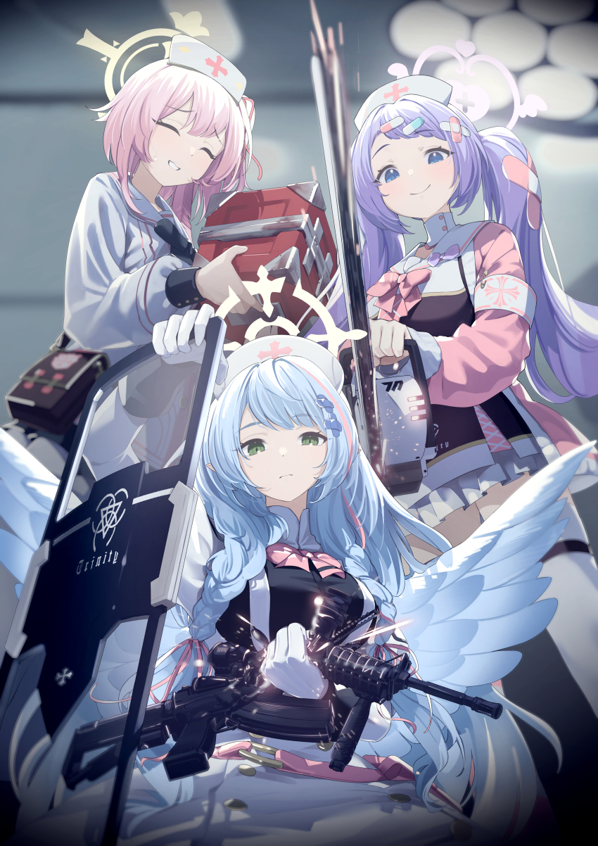 3girls absurdres armband assault_rifle ballistic_shield black_dress black_shirt blue_archive blue_eyes blue_hair blue_wings blush box braid chainsaw closed_eyes closed_mouth dress feather_hair feathered_wings first_aid_kit gloves green_eyes gun halo hanae_(blue_archive) hat highres holding holding_box holding_chainsaw holding_gun holding_shield holding_weapon jacket long_hair m4_carbine mine_(blue_archive) multiple_girls nurse_cap one_side_up pink_hair pink_jacket purple_hair purple_halo remedial_knights_(blue_archive) ribbon rifle sailor_collar serina_(blue_archive) shield shirt skirt smile tamagore trinity_general_school_logo twin_braids twintails weapon white_dress white_gloves white_hat white_sailor_collar white_skirt wings yellow_halo