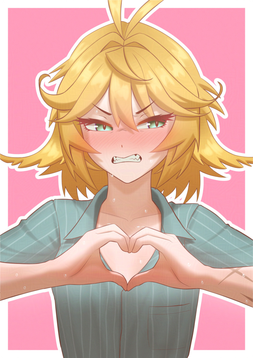 1girl absurdres antenna_hair aqua_shirt averting_eyes blonde_hair blush border breasts cipher4109 clenched_teeth collarbone commentary dokibird_(vtuber) dokibird_(vtuber)_(bounty_hunter) embarrassed english_commentary feather_hair green_eyes green_shirt hair_intakes hands_up heart heart_hands highres indie_virtual_youtuber medium_hair nose_blush open_collar outline peanut_mouth pink_background pinstripe_pattern pinstripe_shirt scar scar_on_arm scowl shadow shirt simple_background small_breasts solo straight-on sweat teeth upper_body very_sweaty virtual_youtuber white_border
