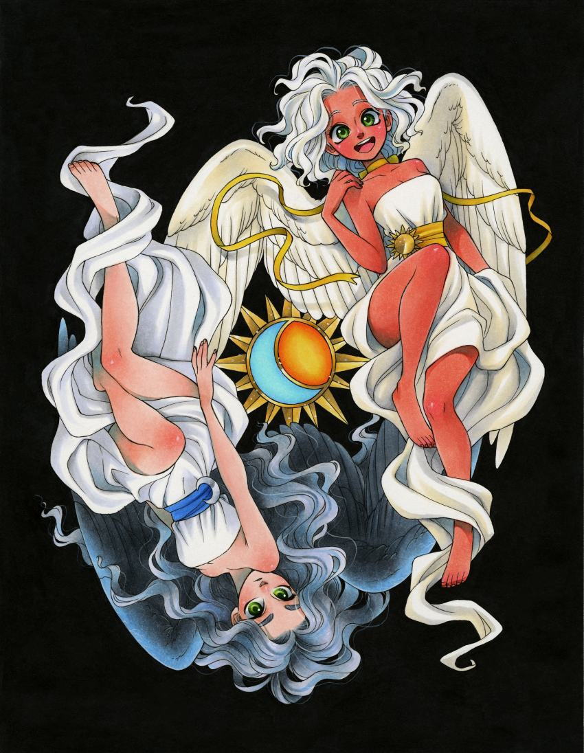2girls :d absurdres angel_wings barefoot black_background black_hair bow bow_choker breasts chihiro_howe choker cleavage commentary dark-skinned_female dark_skin english_commentary full_body green_eyes happy highres long_hair looking_at_viewer marker_(medium) multiple_girls neck_ribbon open_mouth original ribbon short_hair simple_background small_breasts smile traditional_media white_hair wings yellow_ribbon