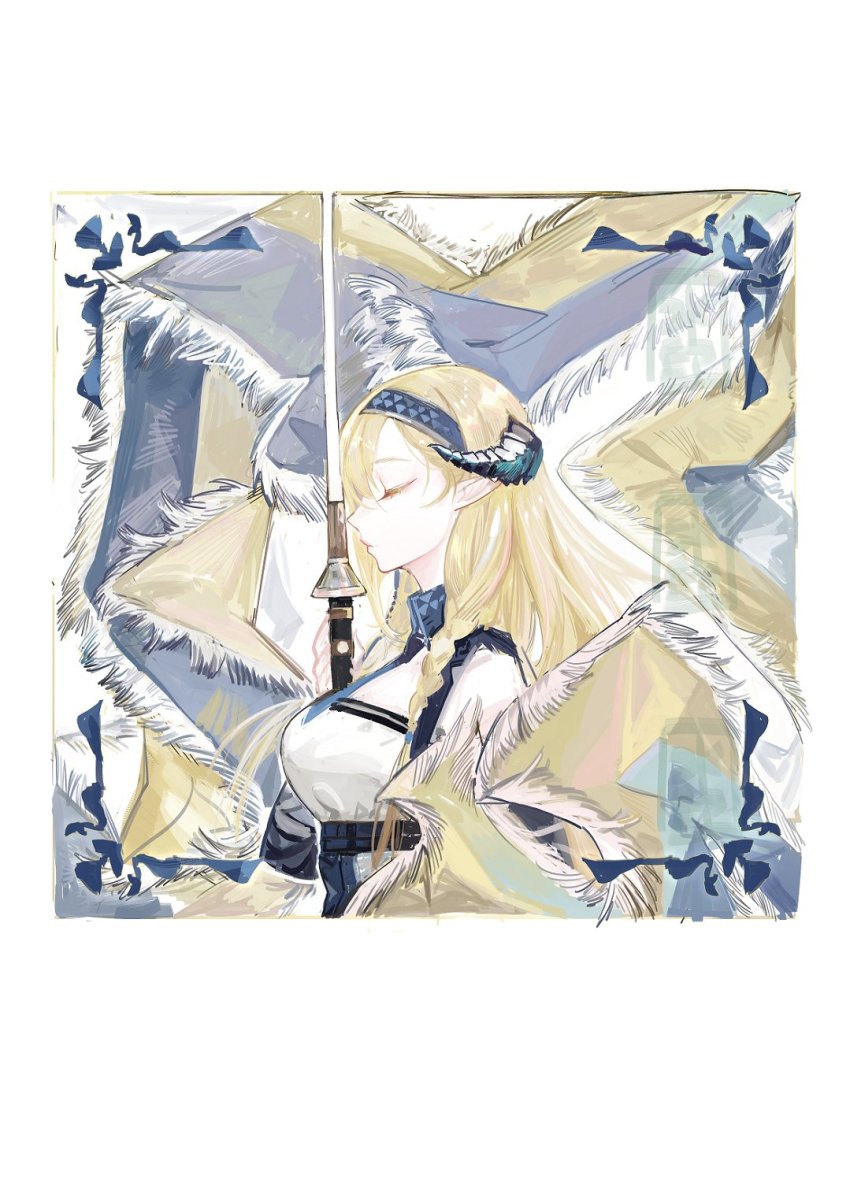 1girl arknights blonde_hair breasts closed_eyes commentary from_side highres horns large_breasts long_hair pipidan pointy_ears profile rapier saileach_(arknights) solo sword underbust upper_body weapon