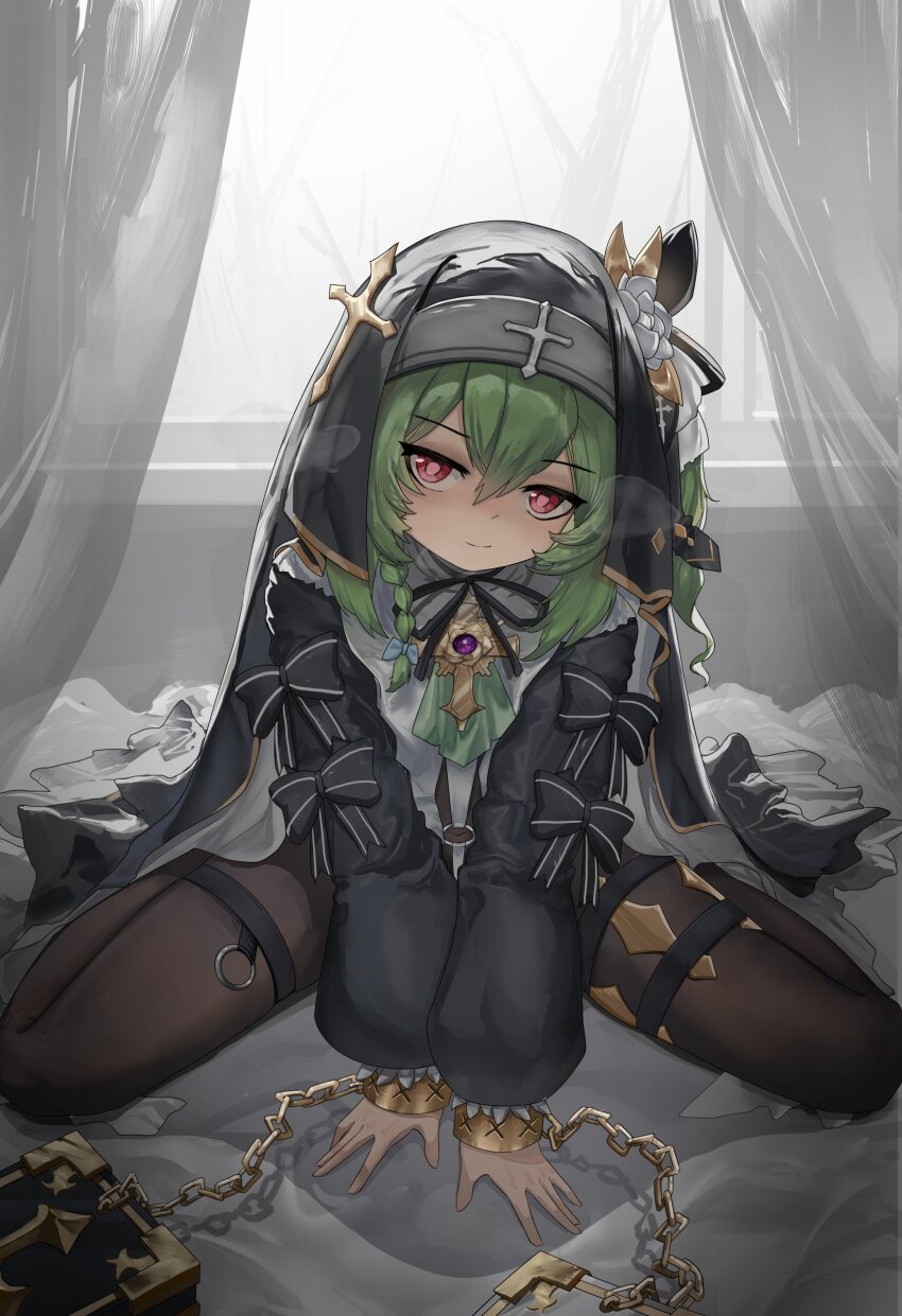 1girl absurdres arm_support between_legs black_sleeves bodystocking book bow chain closed_mouth commission cross curtains dim_lighting green_hair hair_between_eyes hand_between_legs highres huanxiang_koudai_meow indoors jewelry long_hair long_sleeves looking_at_viewer neck_ribbon nun on_bed original pocketfans puffy_long_sleeves puffy_sleeves red_eyes ribbon second-party_source sitting smile solo thigh_strap veil wariza window