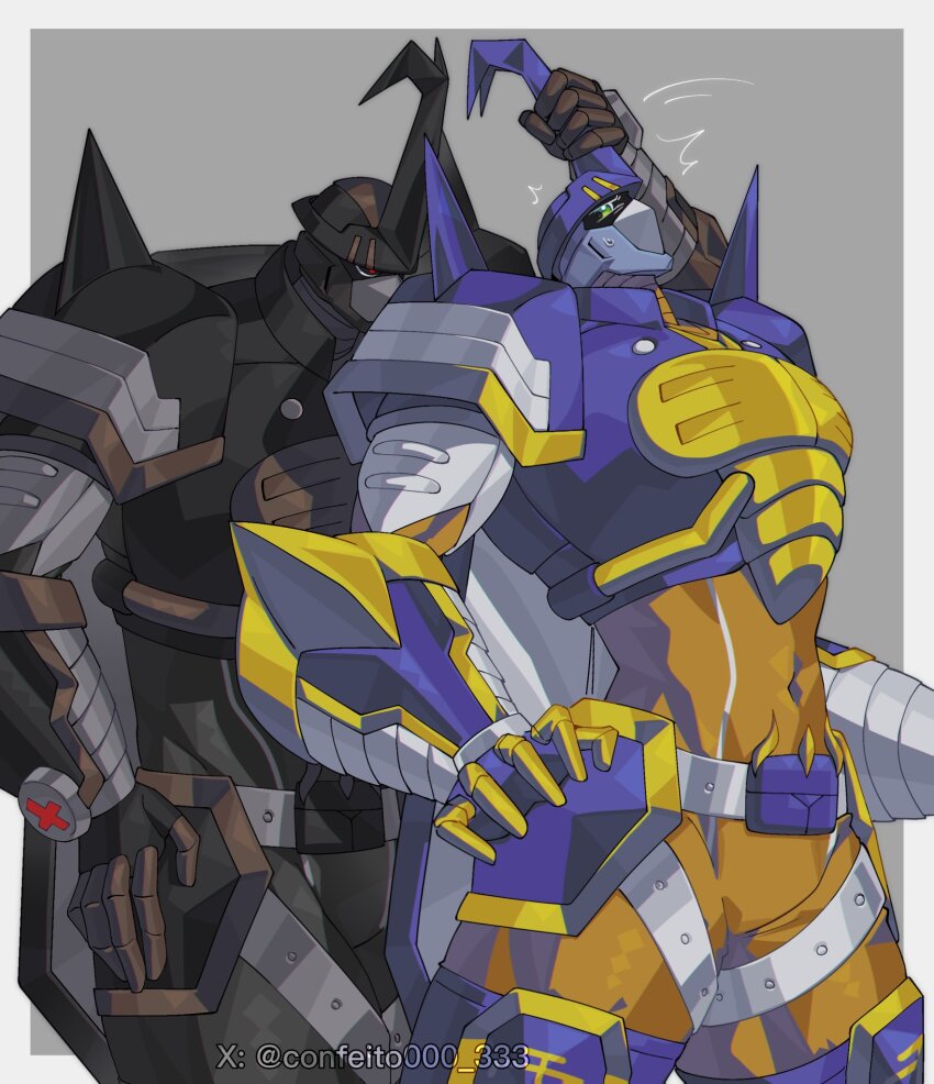 2boys alternate_color armor black_armor black_helmet blitzmon blue_armor blue_helmet border confeito000_333 cowboy_shot digimon digimon_(creature) digimon_frontier green_eyes grey_background helmet highres horns male_focus multiple_boys red_eyes simple_background single_horn twitter_username white_border