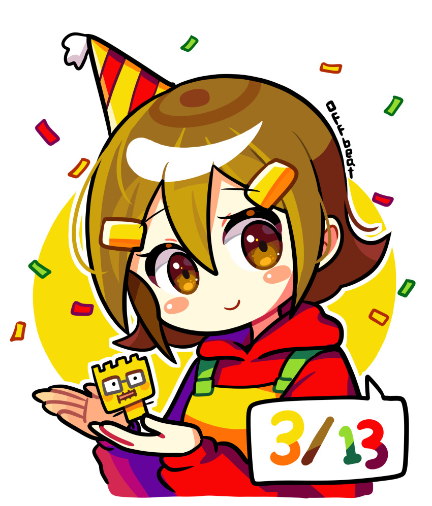 5-volt brown_eyes fronk hat highres in_palm nintendo offbeat party_hat short_hair solo speech_bubble warioware white_background yellow_background