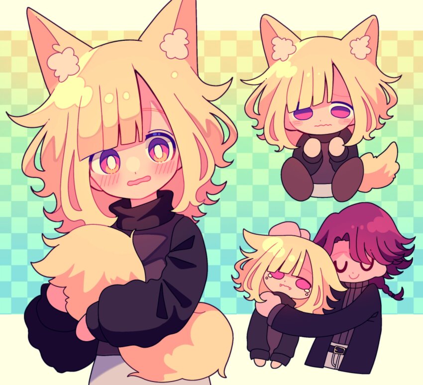 1boy 1girl animal_ear_fluff animal_ears black_jacket black_sweater blonde_hair blush checkered_background closed_eyes closed_mouth deformed embarrassed fangs fox_ears fox_girl fox_tail gradient_background hair_flaps hashtag-only_commentary highres holding_own_tail hug jacket kemonomimi_mode long_sleeves looking_at_another looking_at_viewer medium_hair multiple_views nervous ohamihaeru open_clothes open_jacket original parted_bangs parted_lips pink_eyes purple_eyes purple_hair smile sweater tail tearing_up turtleneck turtleneck_sweater u_u urotsuki wavy_mouth yume_2kki