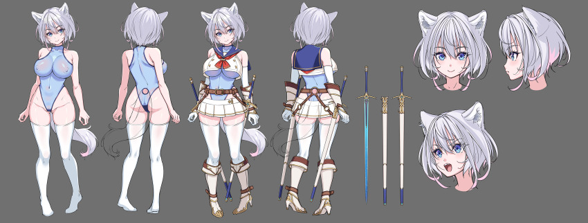 1girl absurdres animal_ear_fluff animal_ears ass belt blue_sailor_collar breasts brown_belt closed_mouth commentary_request covered_erect_nipples covered_navel elbow_gloves full_body gloves grey_background highres ikeda_yasuhiro large_breasts leotard multiple_views neckerchief nipples original pink_hair pleated_skirt red_neckerchief sailor_collar see-through_clothes see-through_leotard simple_background skirt smile standing sword tail thighhighs thighs weapon white_background white_gloves white_hair white_skirt white_thighhighs