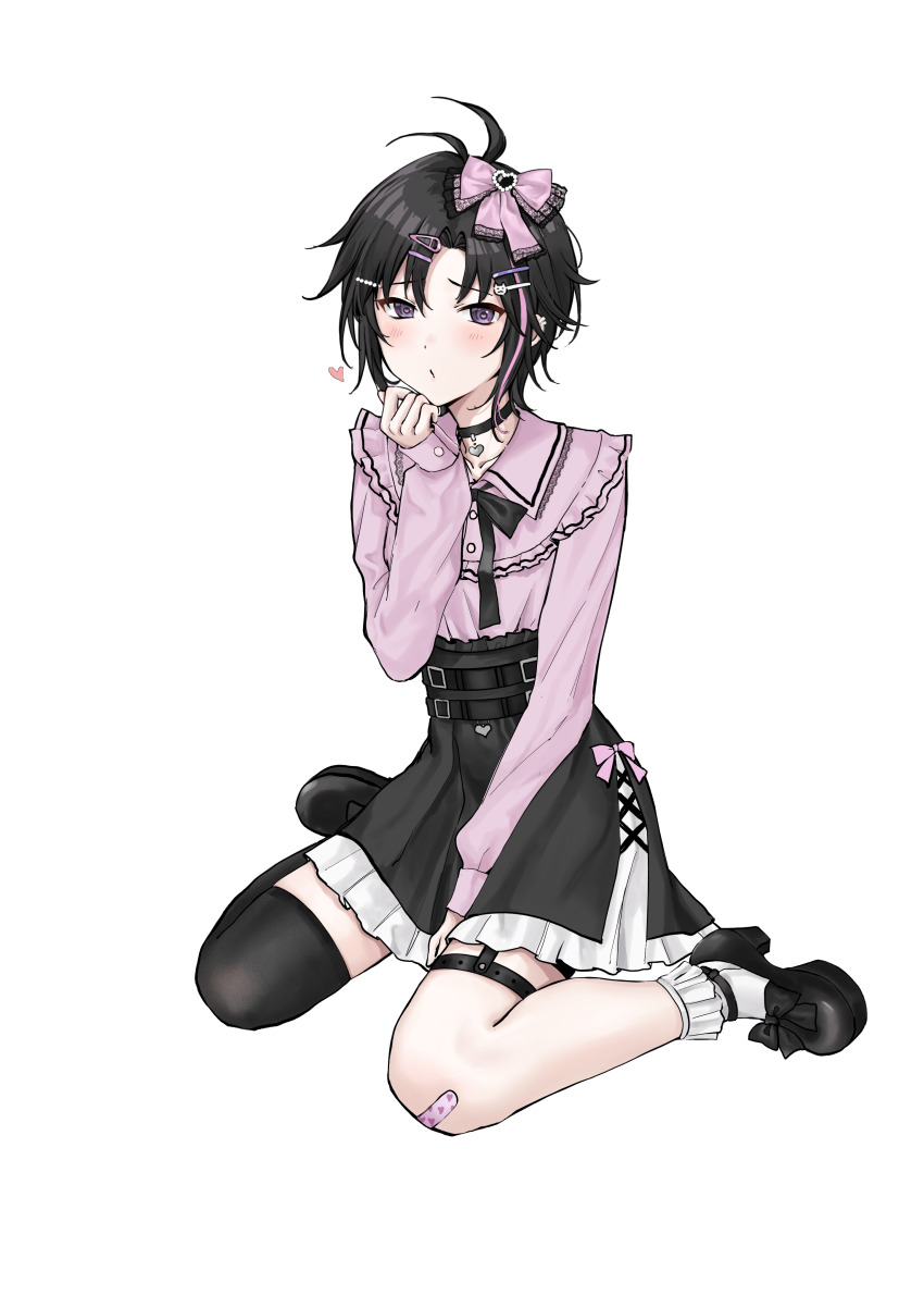 1girl absurdres aburi-gatana antenna_hair bandaid bandaid_on_knee bandaid_on_leg between_legs black_choker black_hair black_shoes black_skirt black_thighhighs blush bow cat_hair_ornament choker frilled_shirt frilled_socks frills full_body hair_bow hair_ornament hairclip hand_between_legs hand_up heart heart-shaped_pupils heart_choker high-waist_skirt highres idolmaster idolmaster_(classic) jirai_kei kikuchi_makoto long_sleeves looking_at_viewer mary_janes pink_bow pink_shirt purple_eyes shirt shoes short_hair simple_background single_thighhigh sitting skirt socks solo symbol-shaped_pupils thighhighs white_background white_socks