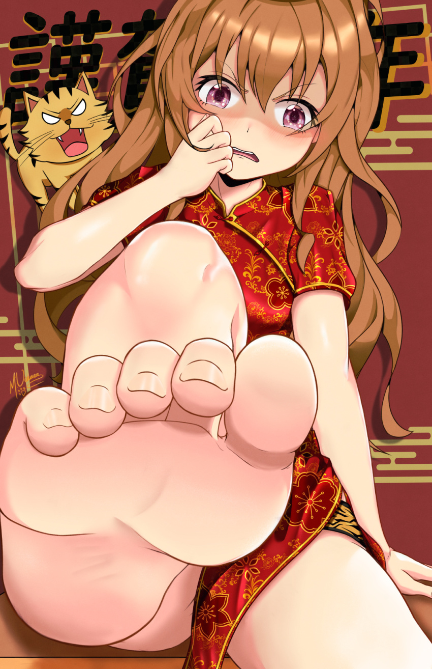 1girl aisaka_taiga barefoot blush breasts brown_hair chinese_clothes close-up feet foot_focus foot_up foreshortening hand_on_own_face highres looking_at_viewer palmtop_tiger small_breasts soles solo toenails toes toradora! user_wyzh2872