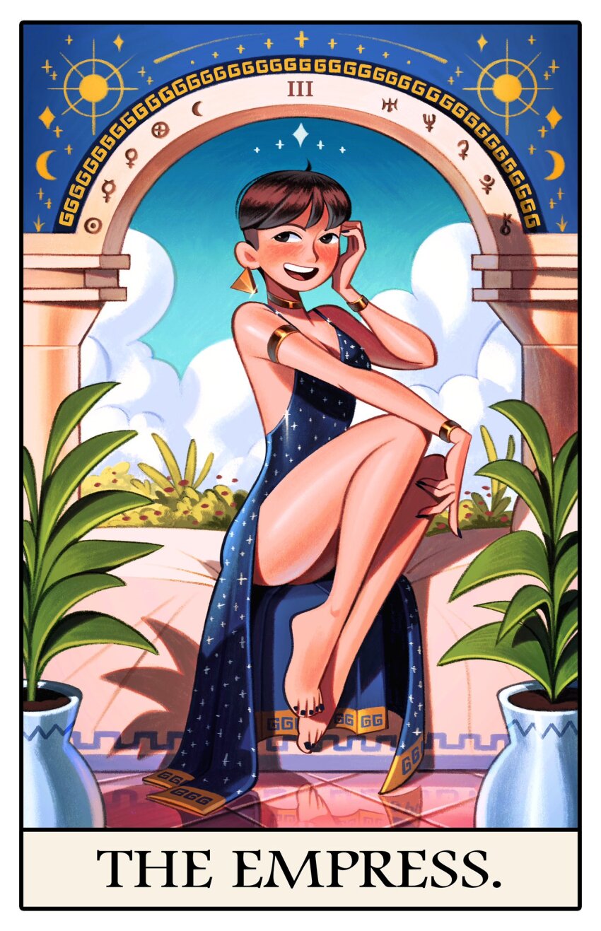 1girl armlet bare_back bare_shoulders barefoot black_dress black_nails bracelet brown_eyes brown_hair card cloud cloudy_sky commentary crescent dress earrings english_commentary flower flower_pot friedbaens full_body halterneck hand_on_own_knee highres jewelry looking_at_viewer nail_polish open_mouth original print_dress reflection reflective_floor short_hair sitting sky solo star_(symbol) star_print tarot tarot_card the_empress_(tarot) thighs tile_floor tiles toenail_polish toenails triangle_earrings upper_body very_short_hair
