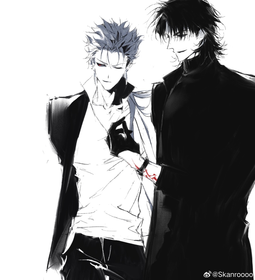 &gt;:) 2boys absurdres artist_name black_gloves blue_hair chinese_commentary closed_mouth collarbone collared_shirt command_spell commentary_request cu_chulainn_(fate) cu_chulainn_(fate/stay_night) earrings fate/stay_night fate_(series) forehead gloves greyscale hair_over_shoulder half_gloves hand_up highres jacket jewelry kotomine_kirei long_hair looking_ahead looking_to_the_side low_ponytail male_focus medium_hair monochrome multiple_boys open_clothes open_jacket pants parted_lips ponytail popped_collar profile red_eyes red_tattoo shirt side-by-side simple_background skanroooo smile smirk spot_color sweater turtleneck turtleneck_sweater upper_body v-neck v-shaped_eyebrows watch watermark weibo_watermark white_background wrist_tattoo wristwatch