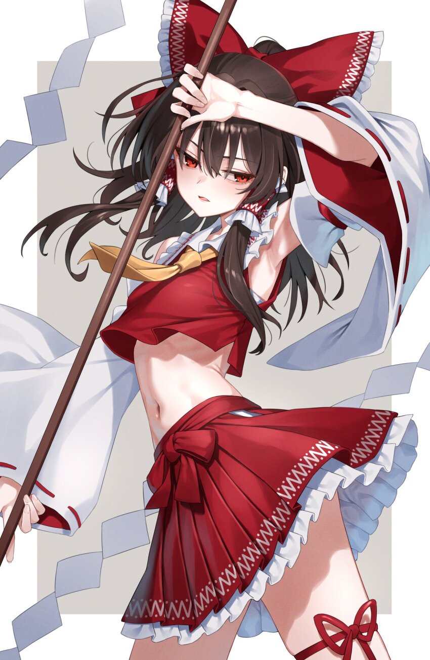 1girl arm_up armpits ascot bow brown_hair collared_shirt commentary cowboy_shot crop_top detached_sleeves frilled_hair_tubes frilled_shirt_collar frilled_skirt frills gohei greenkohgen grey_background hair_bow hair_tubes hakurei_reimu highres holding holding_gohei long_hair long_sleeves looking_at_viewer navel pleated_skirt red_bow red_eyes red_ribbon red_shirt red_skirt ribbon ribbon-trimmed_sleeves ribbon_trim shirt skirt sleeveless sleeveless_shirt solo stomach touhou white_sleeves wide_sleeves yellow_ascot