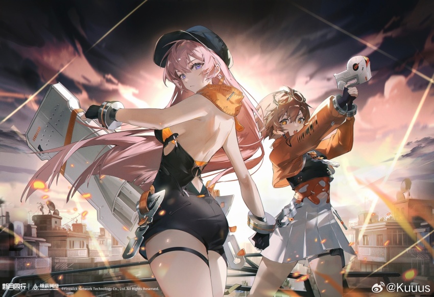 2girls :/ :o ass back backlighting bare_shoulders black_gloves black_hat black_jumpsuit black_shirt brown_hair building cabbie_hat city copyright_name copyright_notice cowboy_shot finger_on_trigger fingerless_gloves floating_hair from_side glasses gloves grey_sky gun hat highres holding holding_gun holding_suitcase holding_weapon jacket jumpsuit kuuus logo long_hair long_sleeves looking_at_viewer mingshuang_(xinyue_tongxing) multiple_girls official_art open_mouth orange_eyes orange_jacket orange_scarf pink_hair pleated_skirt pouch puffy_long_sleeves puffy_sleeves purple_eyes qianqiu_(xinyue_tongxing) round_eyewear scarf shirt short_hair short_jumpsuit skirt sky strapless_jumpsuit suitcase thigh_pouch v-shaped_eyebrows very_long_hair watermark weapon weibo_watermark white_skirt xinyue_tongxing