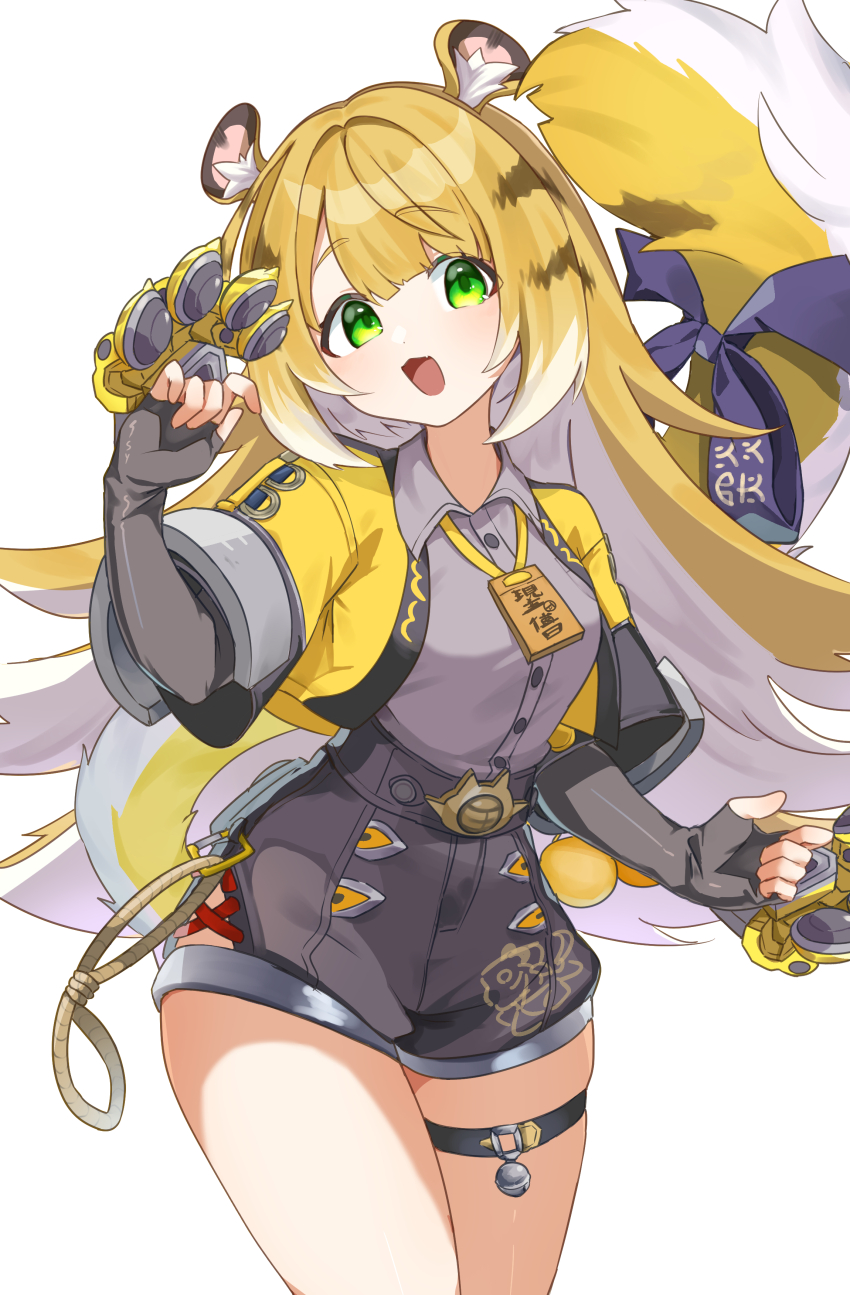 1girl :d absurdres animal_ears bell black_shorts blonde_hair bow breasts colored_inner_hair commentary_request cowboy_shot fingerless_gloves gloves green_eyes grey_shirt highres holding holding_weapon ju_fufu long_hair looking_at_viewer multicolored_hair open_mouth shirt shorts smile solo standing striped_hair sy_(syy_gv) tail tail_bow tail_ornament thigh_strap tiger_ears tiger_girl tiger_stripes tiger_tail weapon zenless_zone_zero